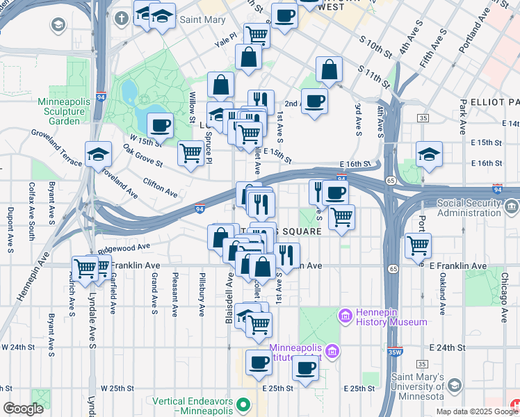 map of restaurants, bars, coffee shops, grocery stores, and more near 1725 Nicollet Avenue in Minneapolis