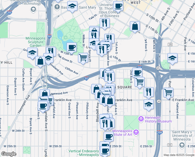 map of restaurants, bars, coffee shops, grocery stores, and more near 1727 Lasalle Avenue in Minneapolis