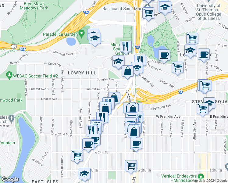 map of restaurants, bars, coffee shops, grocery stores, and more near 900 Summit Avenue in Minneapolis