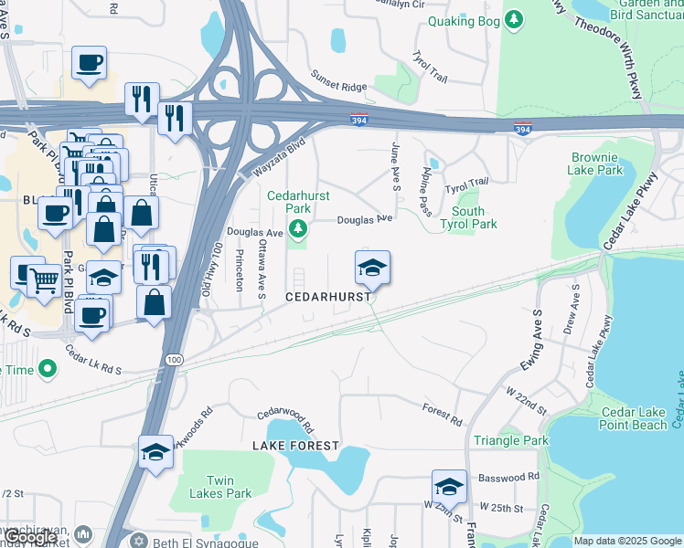 map of restaurants, bars, coffee shops, grocery stores, and more near 4418 Cedar Lake Road in Minneapolis