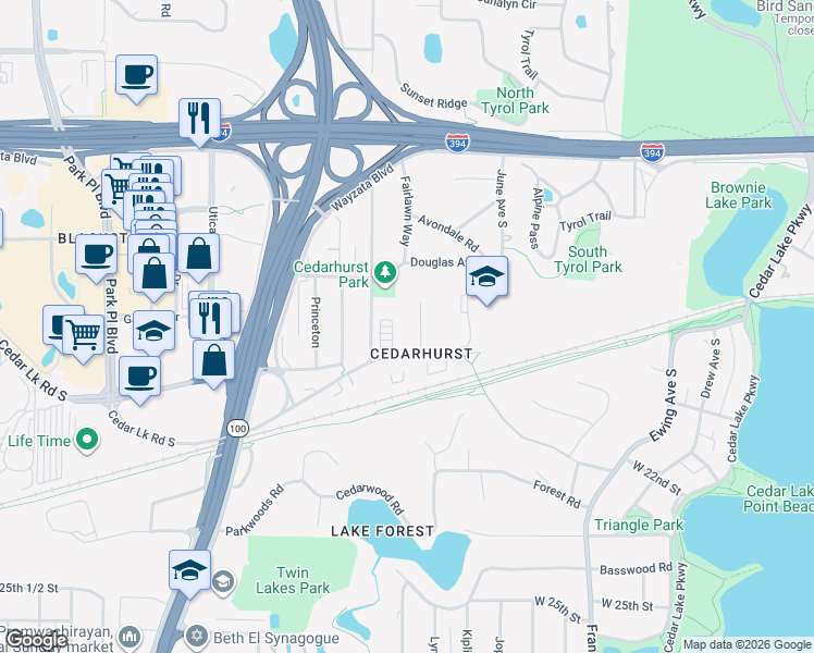 map of restaurants, bars, coffee shops, grocery stores, and more near 4584 Cedar Lake Road in Minneapolis