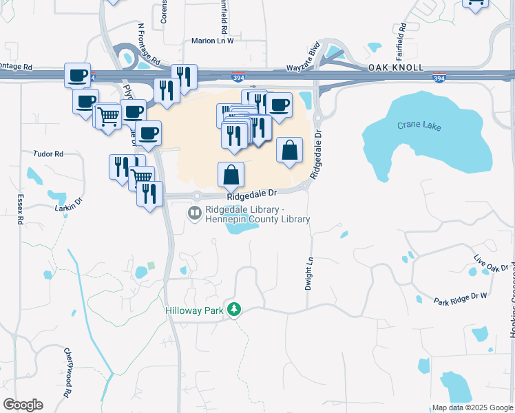 map of restaurants, bars, coffee shops, grocery stores, and more near 12441 Ridgedale Drive in Minnetonka