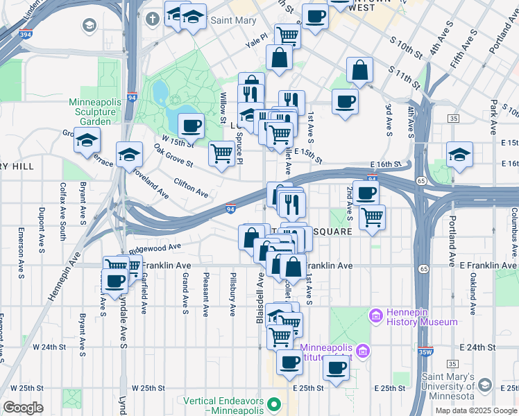 map of restaurants, bars, coffee shops, grocery stores, and more near 1727 Lasalle Avenue in Minneapolis
