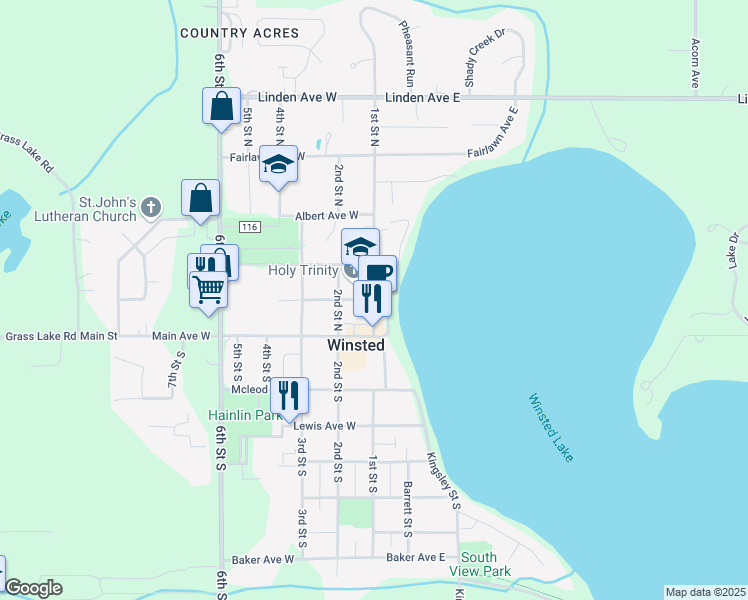 map of restaurants, bars, coffee shops, grocery stores, and more near 181 1st Street North in Winsted