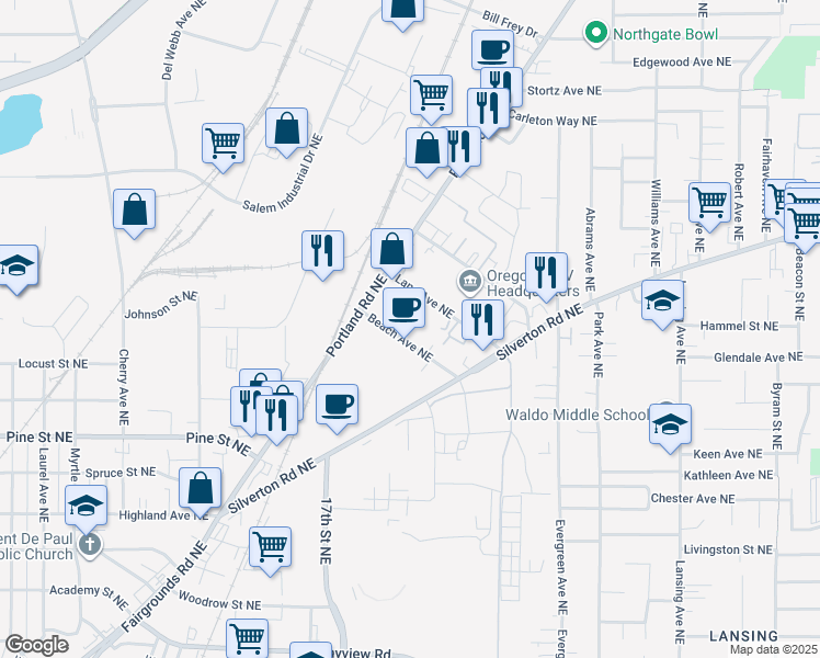 map of restaurants, bars, coffee shops, grocery stores, and more near in Salem