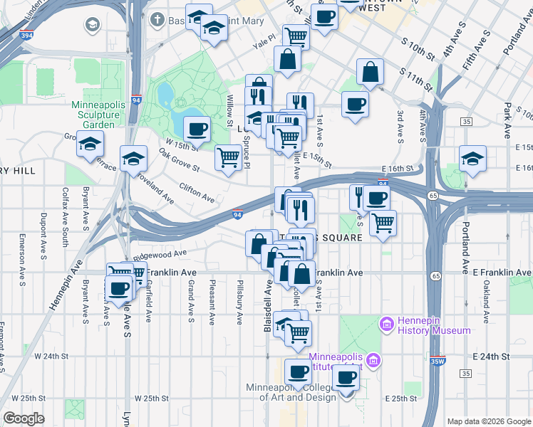 map of restaurants, bars, coffee shops, grocery stores, and more near 1727 Lasalle Avenue in Minneapolis
