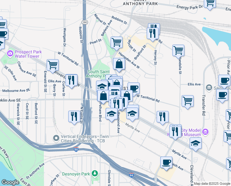map of restaurants, bars, coffee shops, grocery stores, and more near 2386 West Territorial Road in Saint Paul