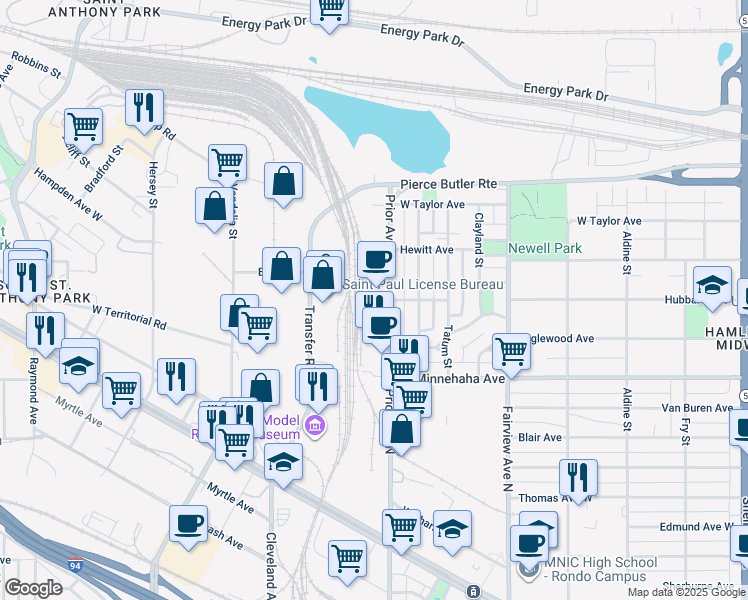 map of restaurants, bars, coffee shops, grocery stores, and more near 747 Prior Avenue North in Saint Paul
