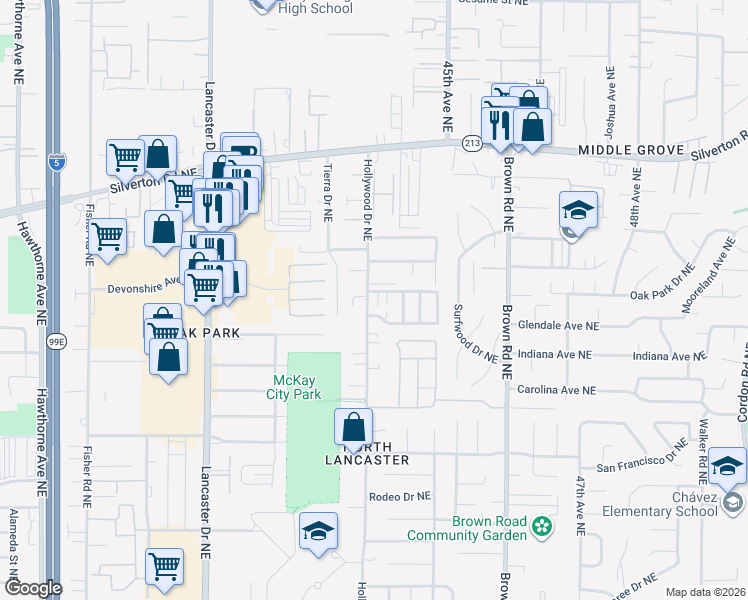 map of restaurants, bars, coffee shops, grocery stores, and more near 3045 Haley Street Northeast in Salem
