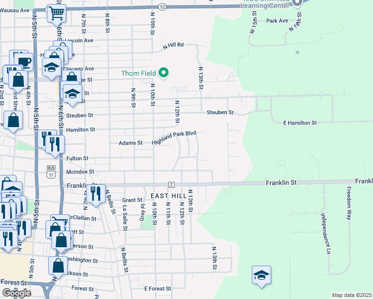 map of restaurants, bars, coffee shops, grocery stores, and more near 1206 Highland Park Boulevard in Wausau