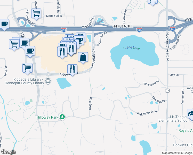 map of restaurants, bars, coffee shops, grocery stores, and more near 1919 Ymca Lane in Minnetonka