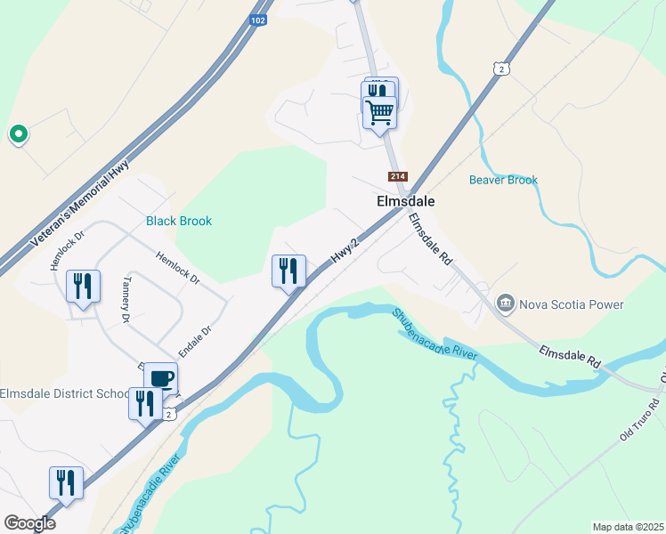 map of restaurants, bars, coffee shops, grocery stores, and more near 719 Highway 2 in Elmsdale
