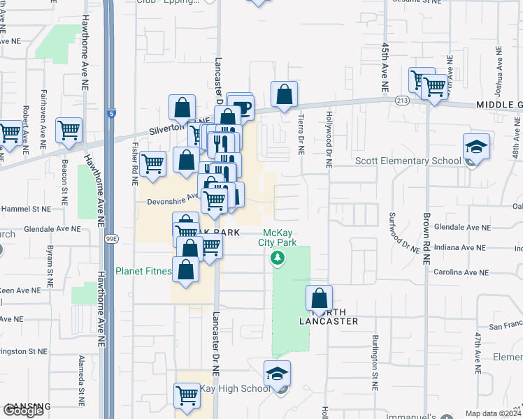 map of restaurants, bars, coffee shops, grocery stores, and more near 4132 Devonshire Court Northeast in Salem
