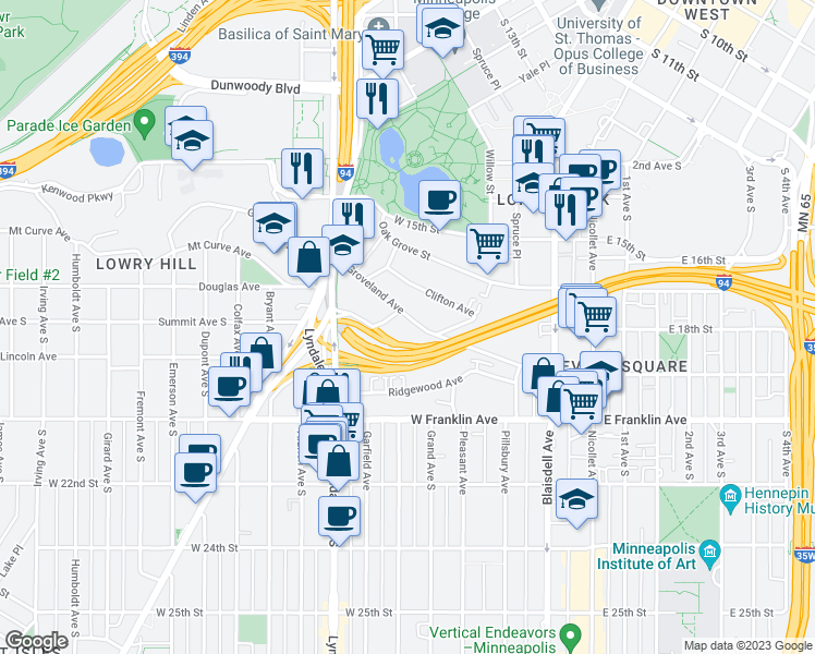 map of restaurants, bars, coffee shops, grocery stores, and more near 349 Groveland Avenue in Minneapolis