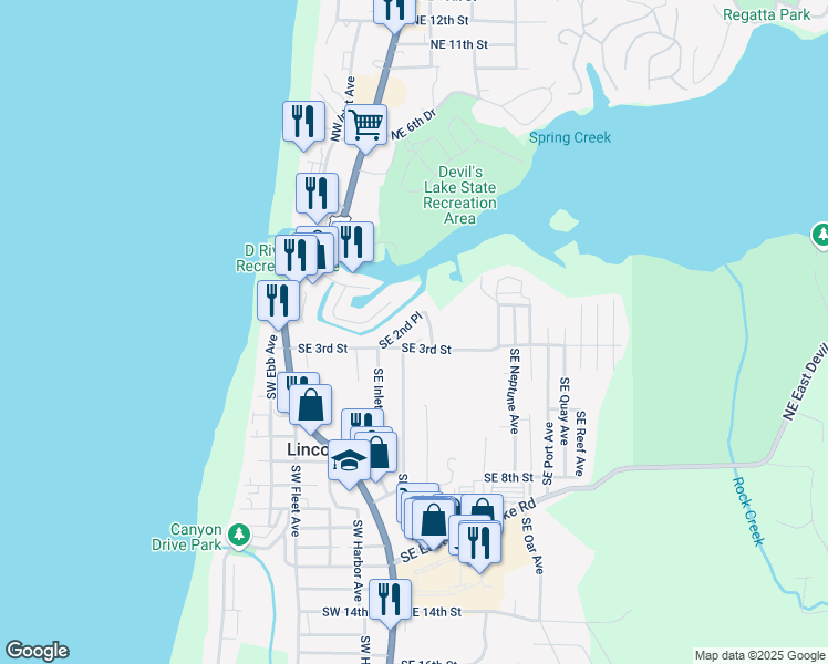 map of restaurants, bars, coffee shops, grocery stores, and more near 1440 Southeast 2nd Place in Lincoln City