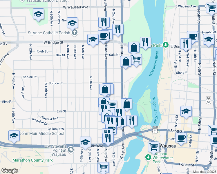 map of restaurants, bars, coffee shops, grocery stores, and more near 226 North 2nd Avenue in Wausau