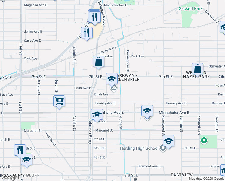 map of restaurants, bars, coffee shops, grocery stores, and more near 10 Clarence Street in Saint Paul
