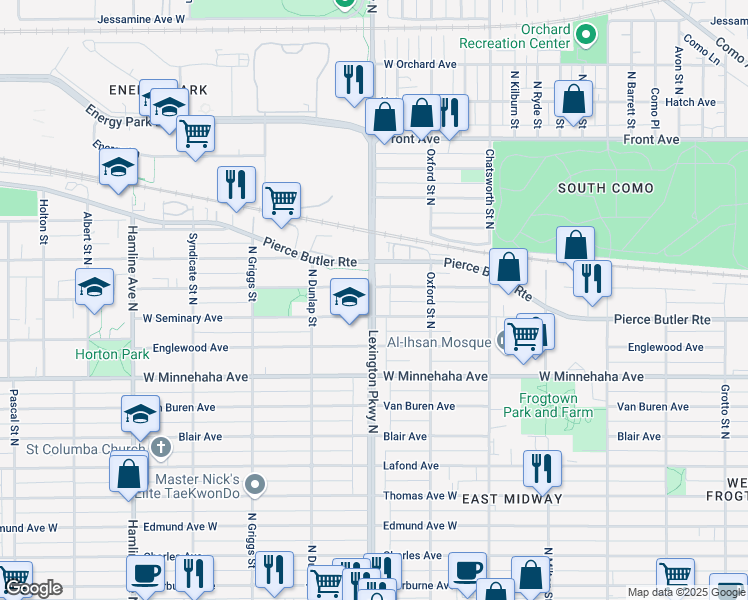 map of restaurants, bars, coffee shops, grocery stores, and more near 811 Lexington Parkway North in Saint Paul