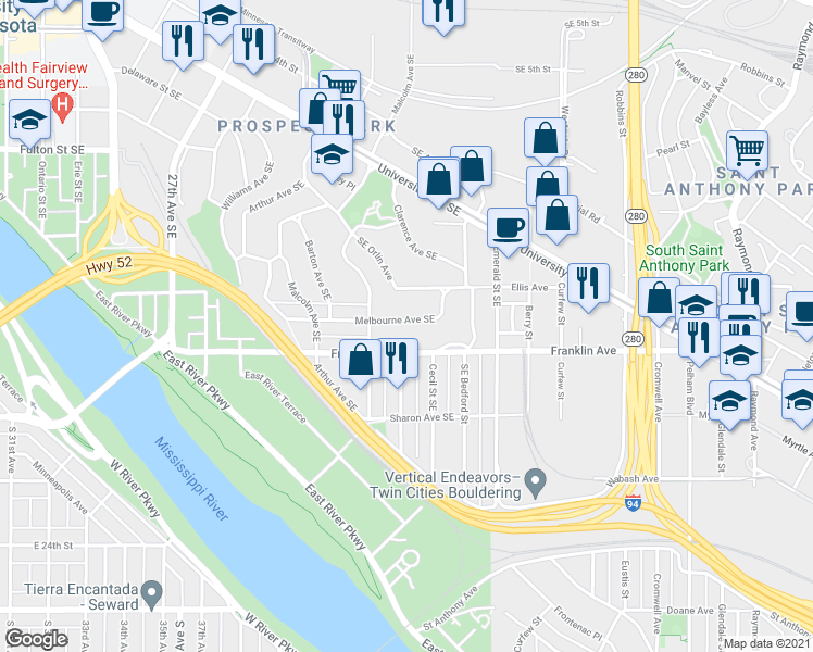 map of restaurants, bars, coffee shops, grocery stores, and more near 57 Melbourne Avenue Southeast in Minneapolis