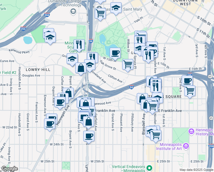 map of restaurants, bars, coffee shops, grocery stores, and more near 349 Groveland Avenue in Minneapolis