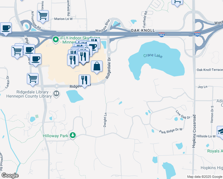map of restaurants, bars, coffee shops, grocery stores, and more near 1919 Ymca Lane in Minnetonka