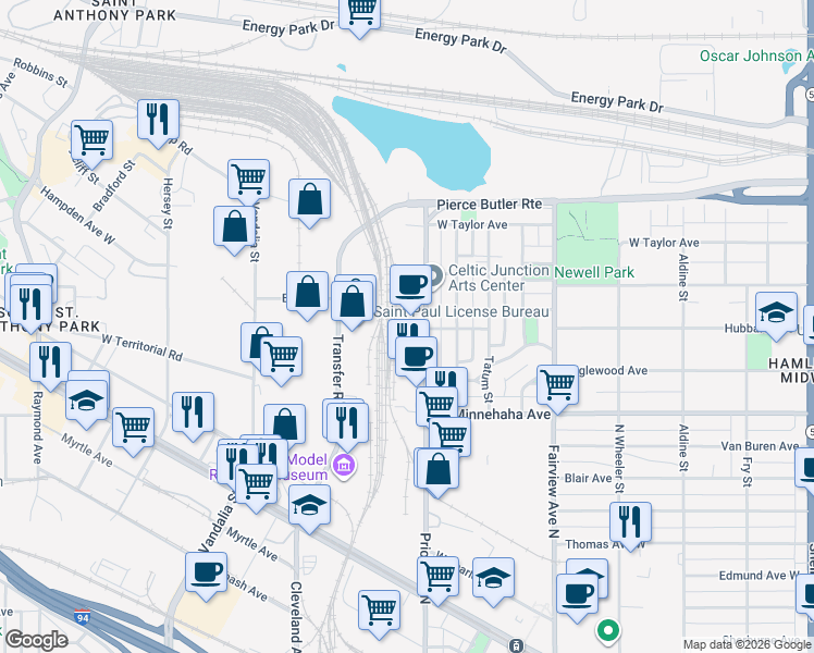 map of restaurants, bars, coffee shops, grocery stores, and more near 747 N Prior Ave in St Paul