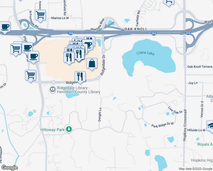 map of restaurants, bars, coffee shops, grocery stores, and more near 1919 Ymca Lane in Minnetonka