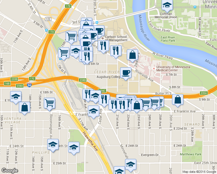 map of restaurants, bars, coffee shops, grocery stores, and more near 2016 S 8th St in Minneapolis