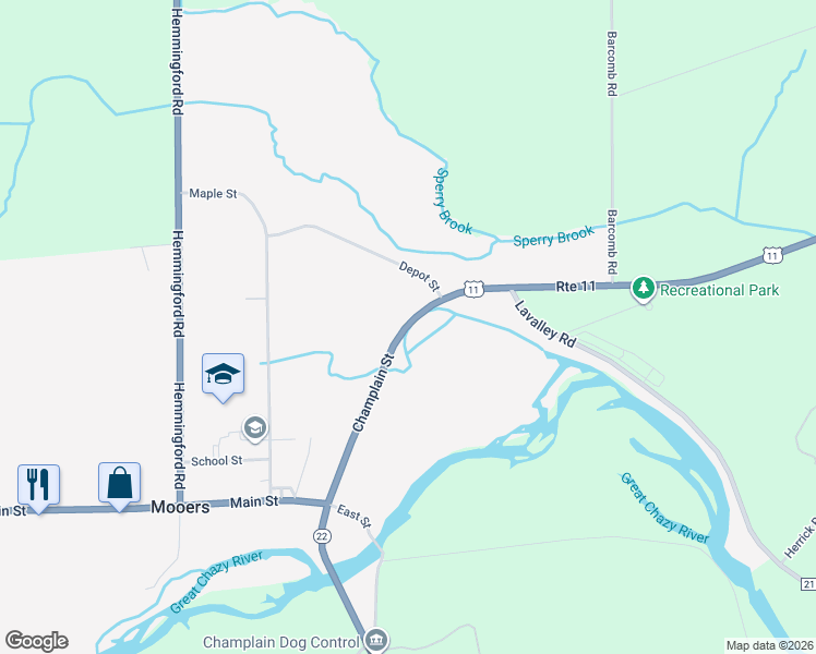 map of restaurants, bars, coffee shops, grocery stores, and more near 2407 Champlain Street in Mooers