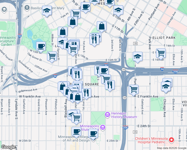 map of restaurants, bars, coffee shops, grocery stores, and more near 128 East 18th Street in Minneapolis