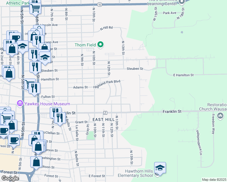 map of restaurants, bars, coffee shops, grocery stores, and more near 1206 Highland Park Boulevard in Wausau