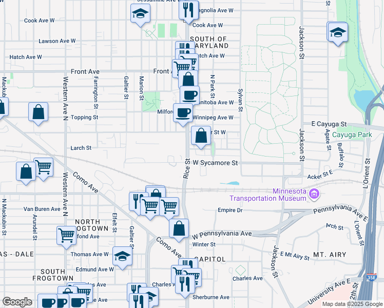 map of restaurants, bars, coffee shops, grocery stores, and more near 800 Rice Street in Saint Paul