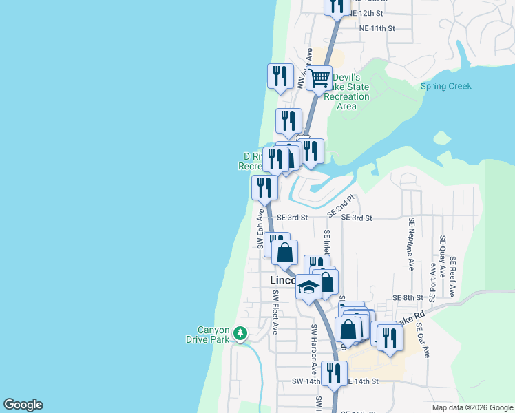 map of restaurants, bars, coffee shops, grocery stores, and more near 247 Southwest Ebb Avenue in Lincoln City