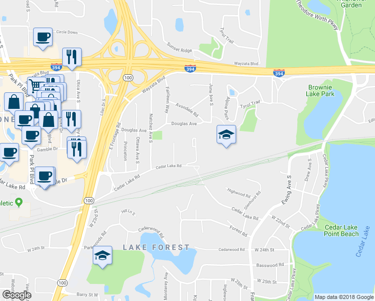 map of restaurants, bars, coffee shops, grocery stores, and more near 4418 Cedar Lake Road in Minneapolis