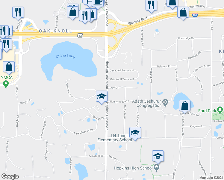 map of restaurants, bars, coffee shops, grocery stores, and more near 11151 Joy Lane in Minnetonka
