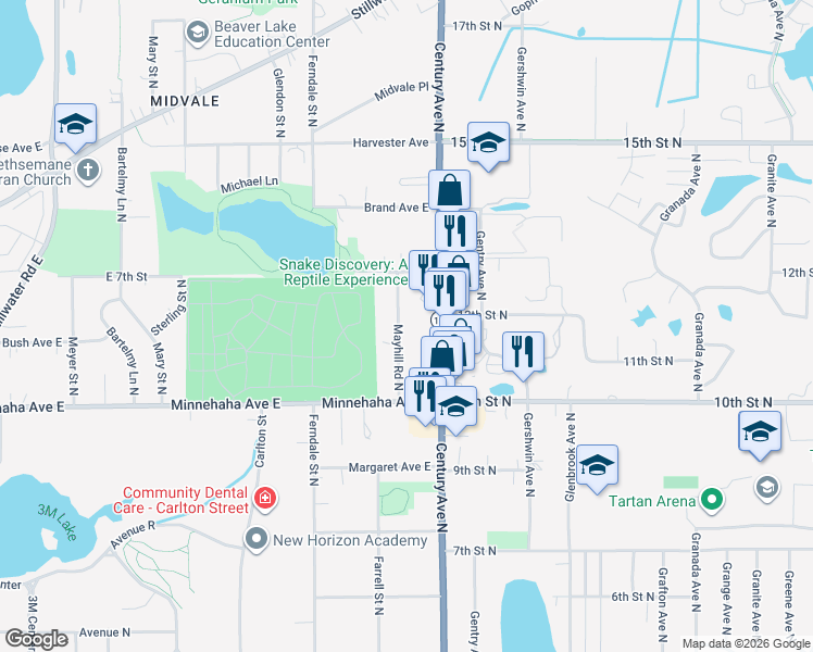 map of restaurants, bars, coffee shops, grocery stores, and more near 792 Mayhill Road North in Maplewood
