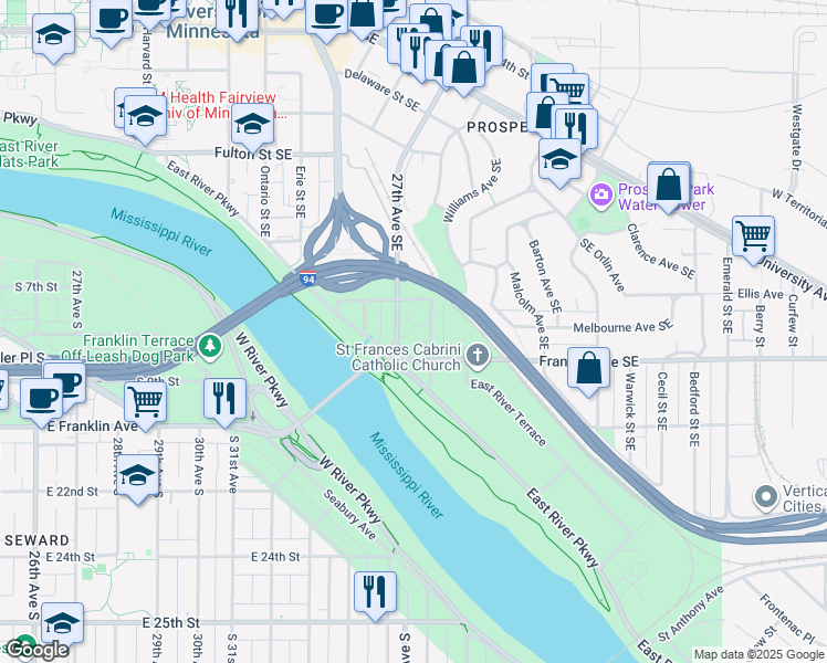 map of restaurants, bars, coffee shops, grocery stores, and more near 22 27th Avenue Southeast in Minneapolis