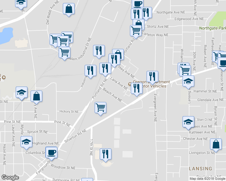 map of restaurants, bars, coffee shops, grocery stores, and more near 1825 Beach Avenue Northeast in Salem