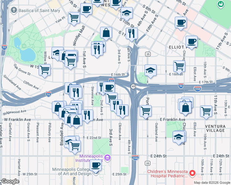 map of restaurants, bars, coffee shops, grocery stores, and more near 1708 Clinton Avenue in Minneapolis