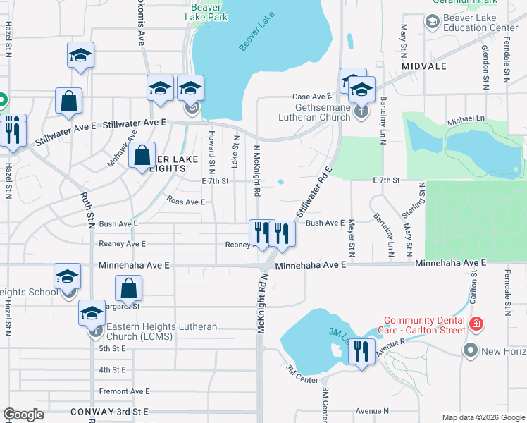 map of restaurants, bars, coffee shops, grocery stores, and more near 796 North McKnight Road in Maplewood