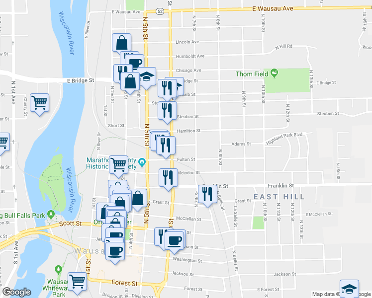 map of restaurants, bars, coffee shops, grocery stores, and more near 619 Adams Street in Wausau
