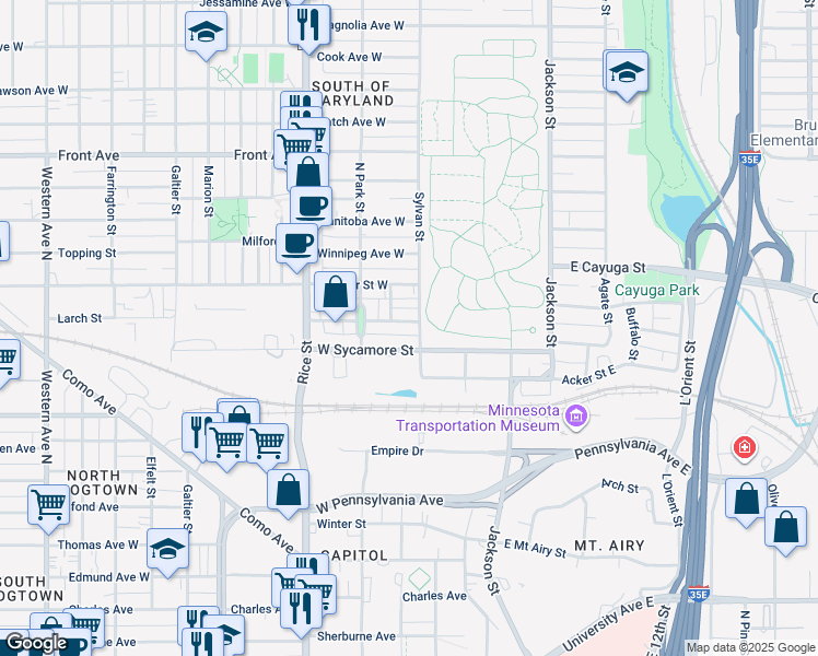 map of restaurants, bars, coffee shops, grocery stores, and more near 44 Lyton Place West in Saint Paul