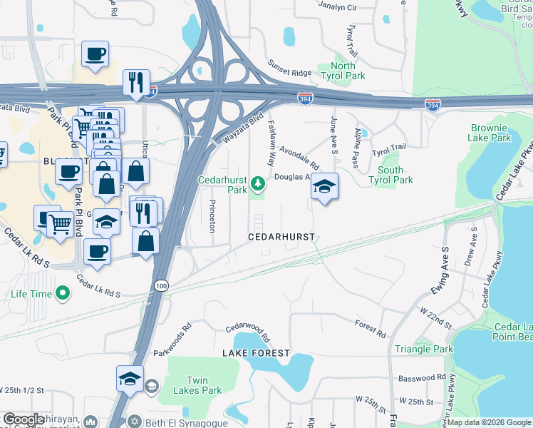 map of restaurants, bars, coffee shops, grocery stores, and more near 4584 Cedar Lake Road in Minneapolis
