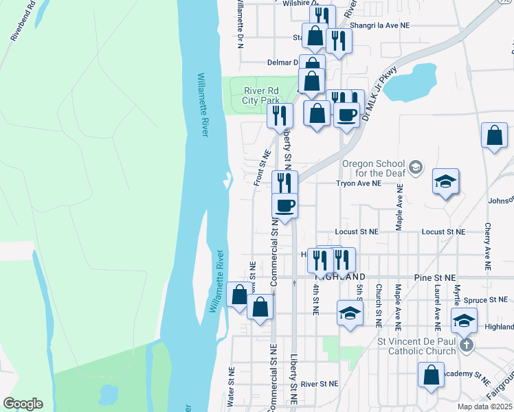 map of restaurants, bars, coffee shops, grocery stores, and more near 2600 Front Street Northeast in Salem
