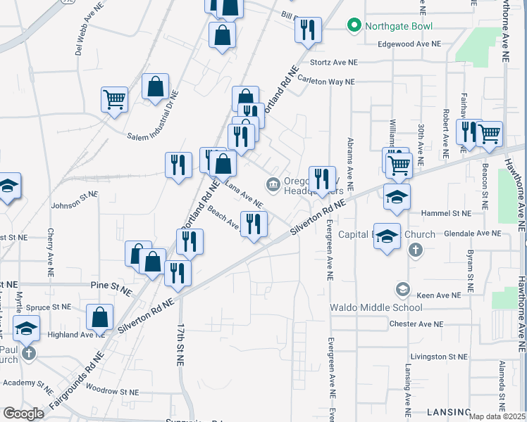 map of restaurants, bars, coffee shops, grocery stores, and more near 1940 Lana Avenue Northeast in Salem