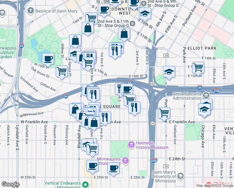 map of restaurants, bars, coffee shops, grocery stores, and more near 1724 2nd Avenue South in Minneapolis
