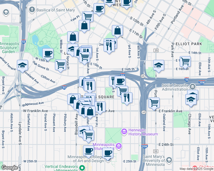 map of restaurants, bars, coffee shops, grocery stores, and more near 1724 2nd Avenue South in Minneapolis
