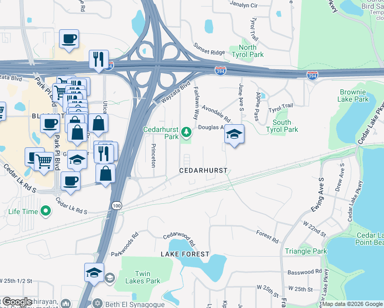 map of restaurants, bars, coffee shops, grocery stores, and more near 4584 Cedar Lake Road in Minneapolis