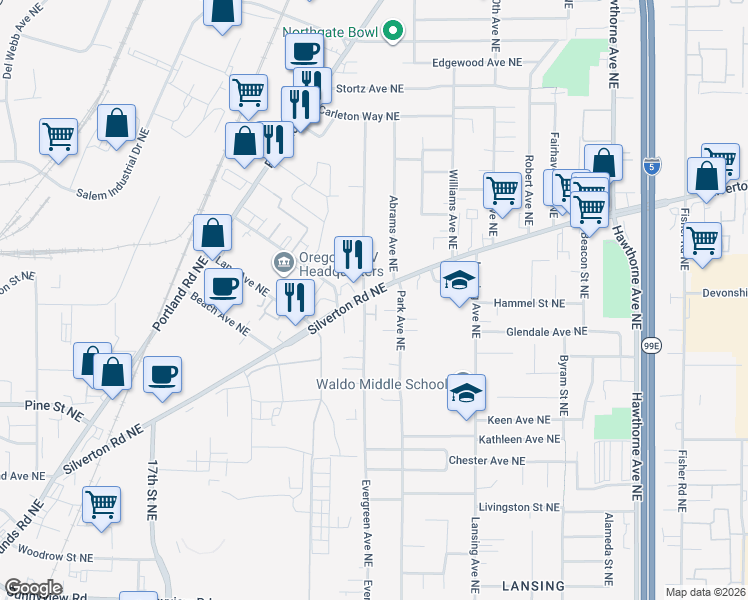 map of restaurants, bars, coffee shops, grocery stores, and more near 2660 Silverton Road Northeast in Salem