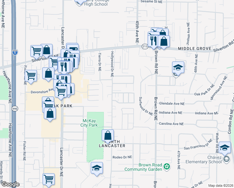 map of restaurants, bars, coffee shops, grocery stores, and more near 3045 Haley Street Northeast in Salem